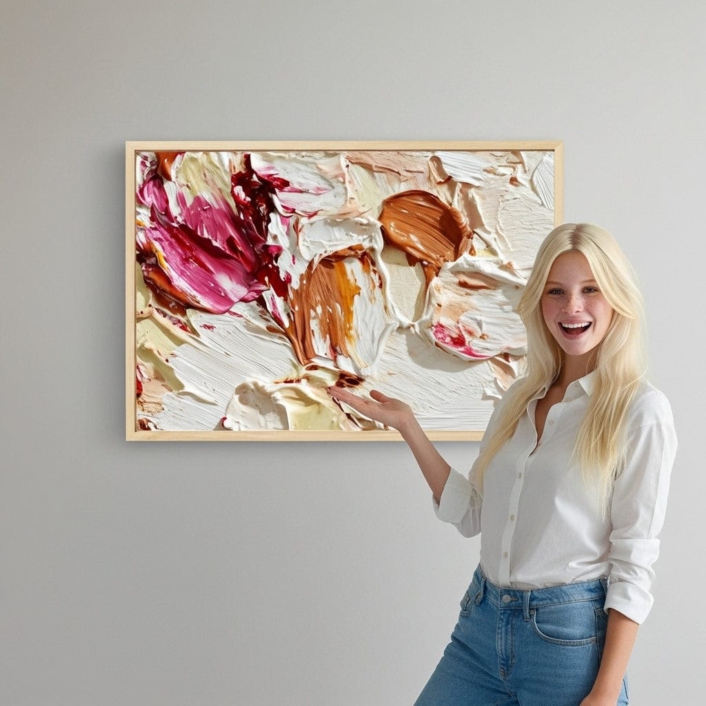 Woman standing next to a colorful abstract painting on a gray wall