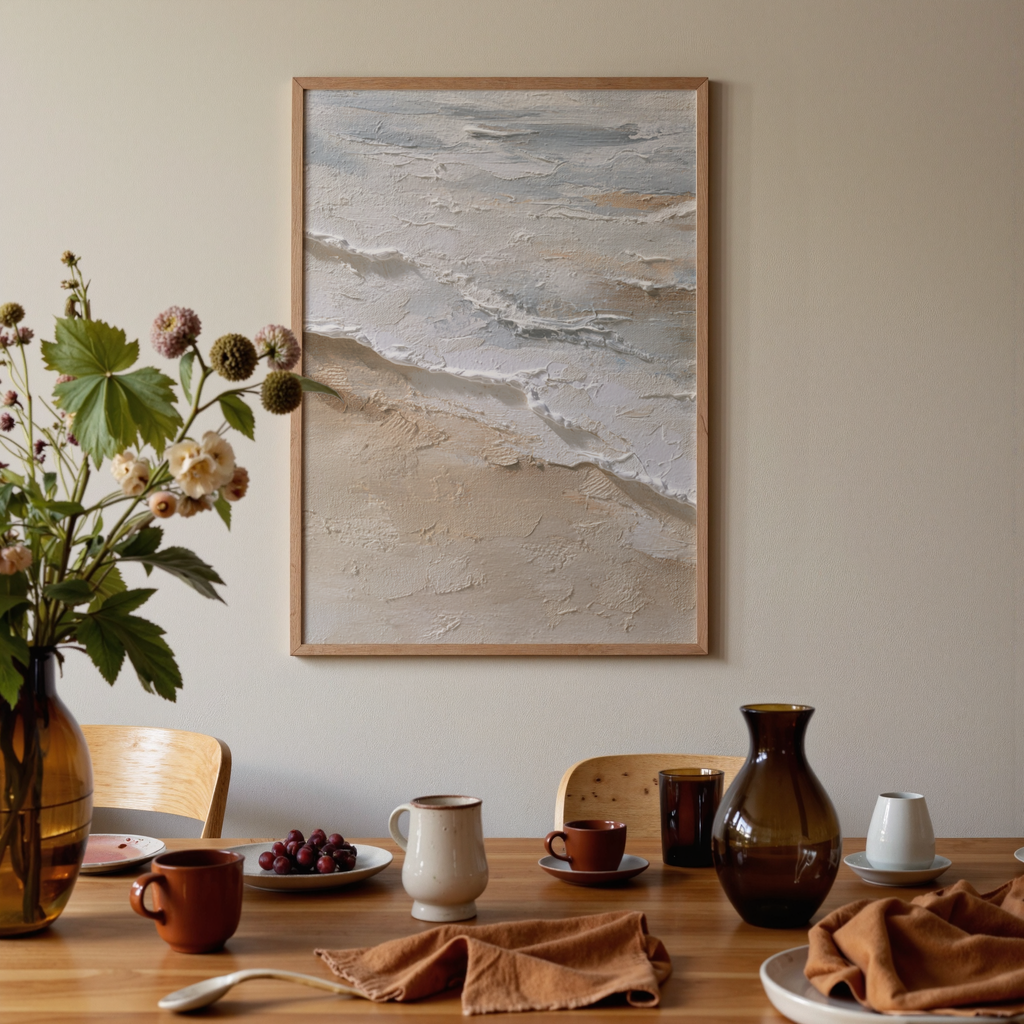 Dining room with a table set for a meal, featuring a vase with flowers, plates, and a framed beach scene on the wall.
