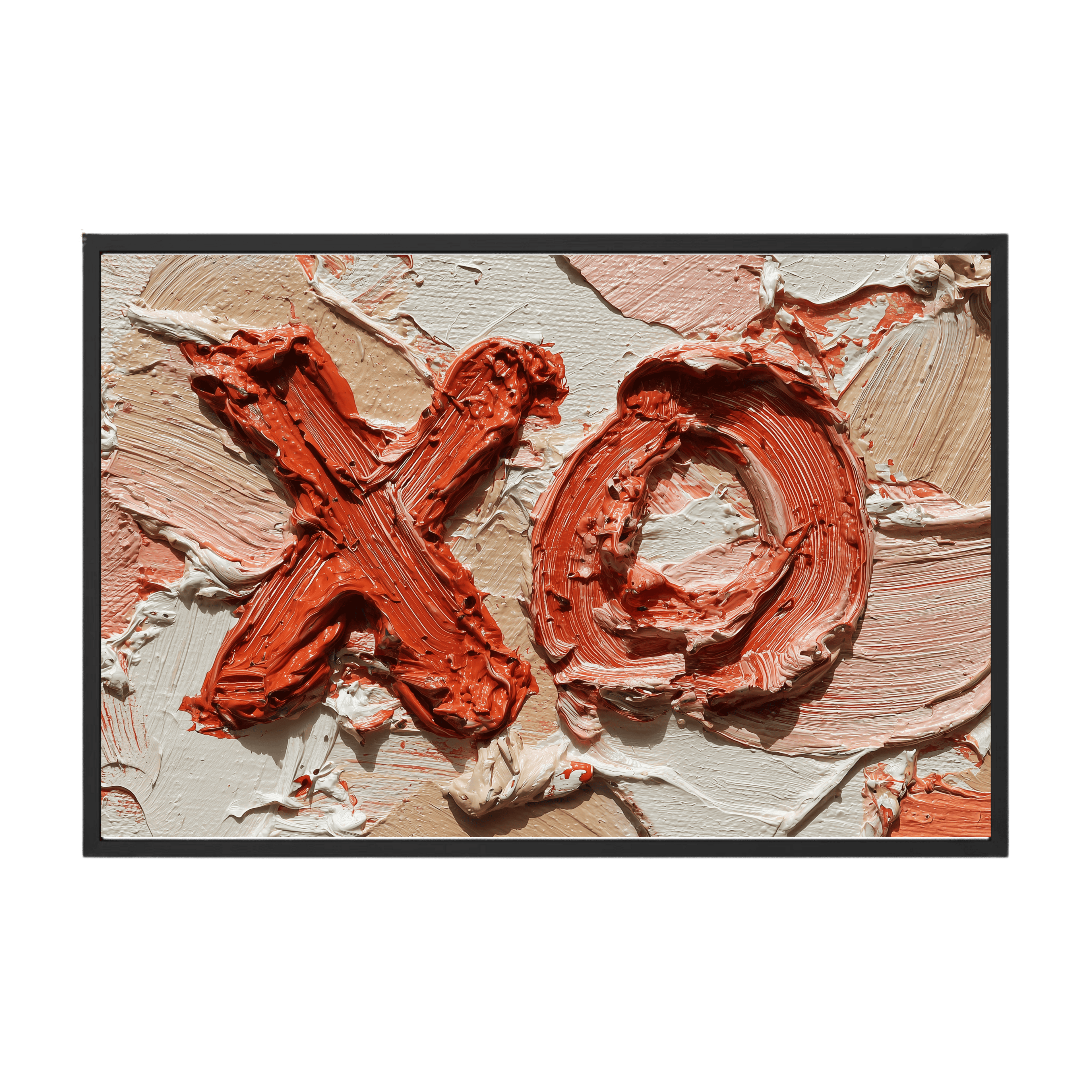 Abstract art piece with 'xo' text on a textured background
