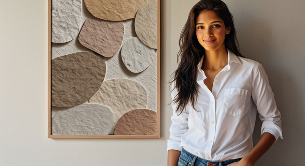 Woman standing next to a wall art piece with circular patterns.