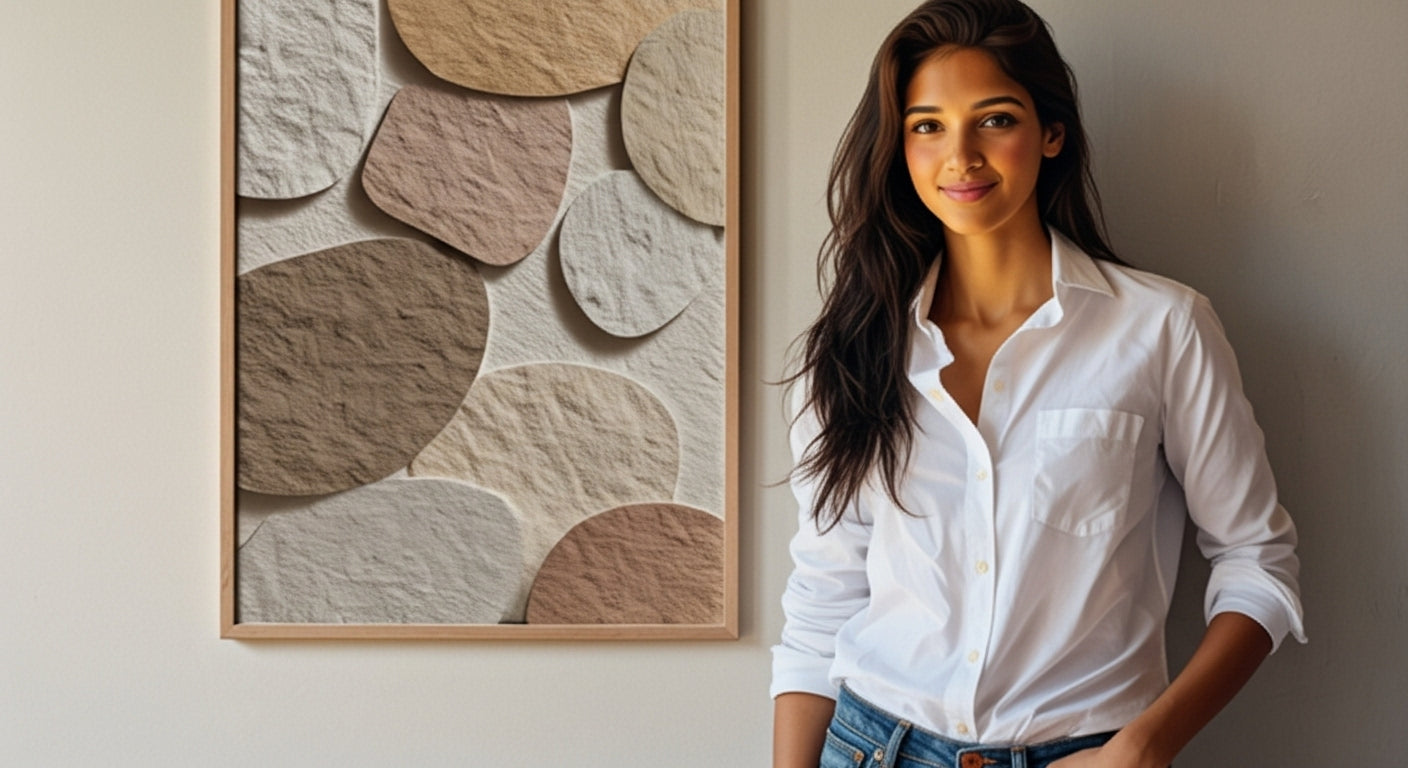 Woman standing next to a wall art piece with circular patterns.