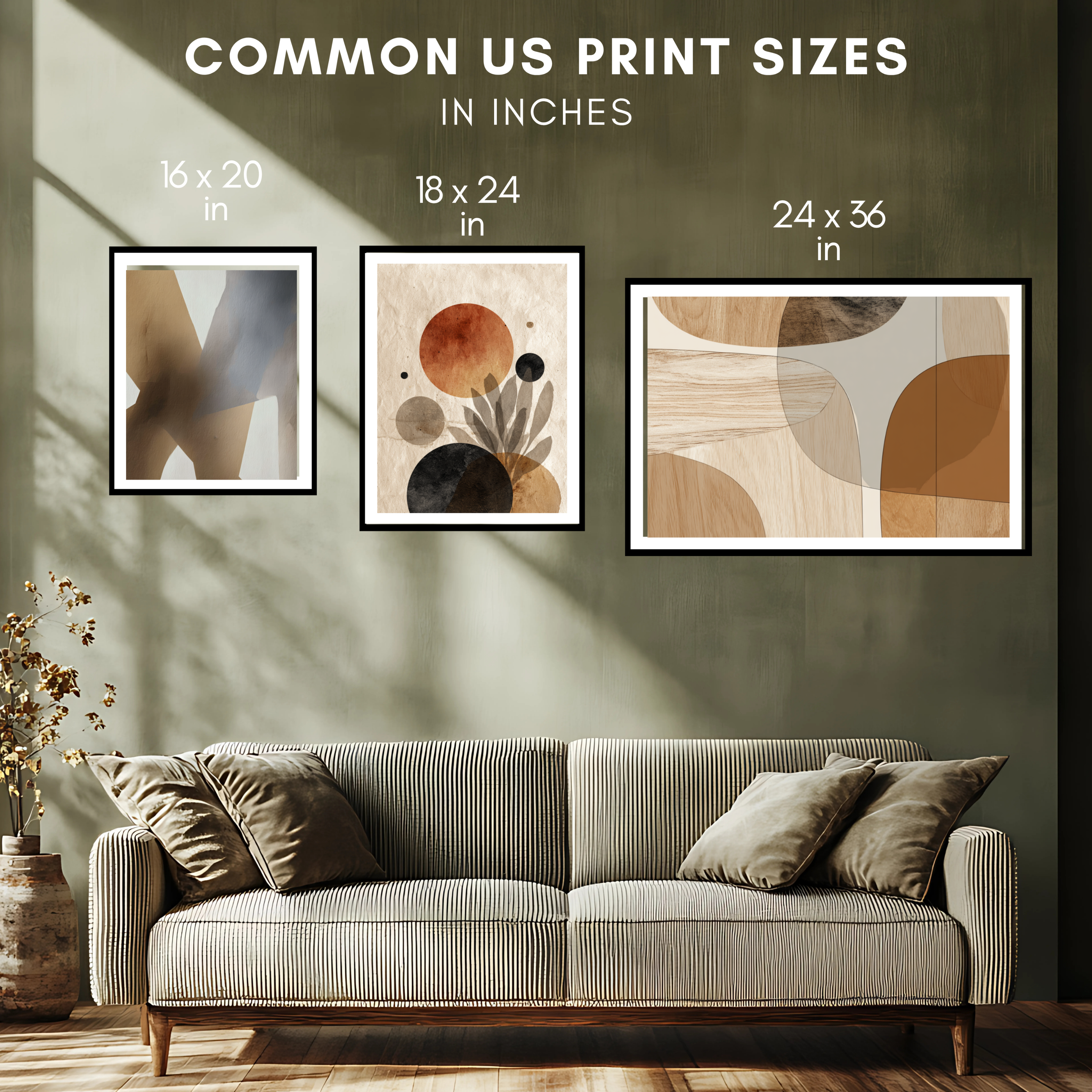 Three framed abstract artworks on a wall above a sofa with text indicating common print sizes.