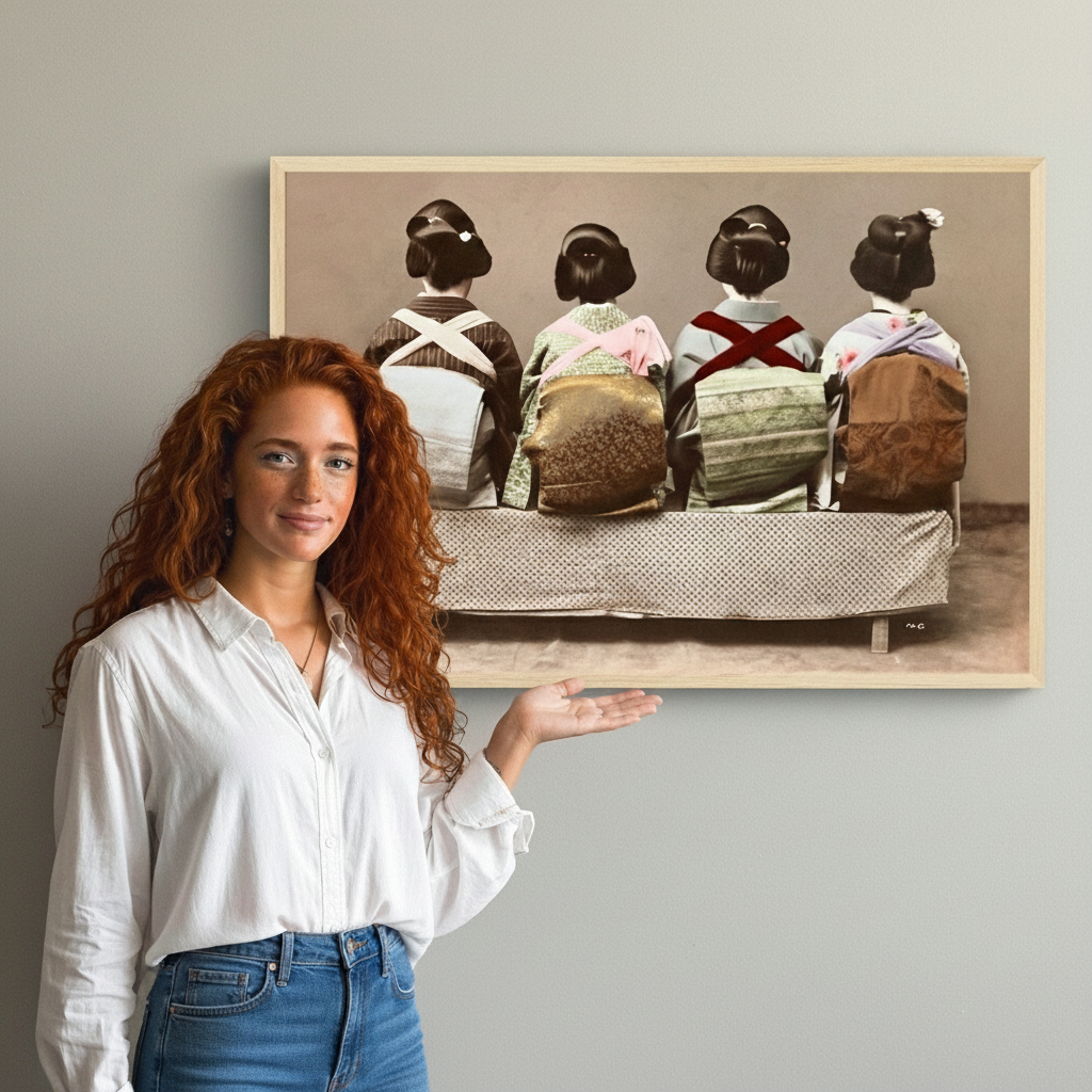 Woman standing next to a framed artwork of four women in traditional attire.
