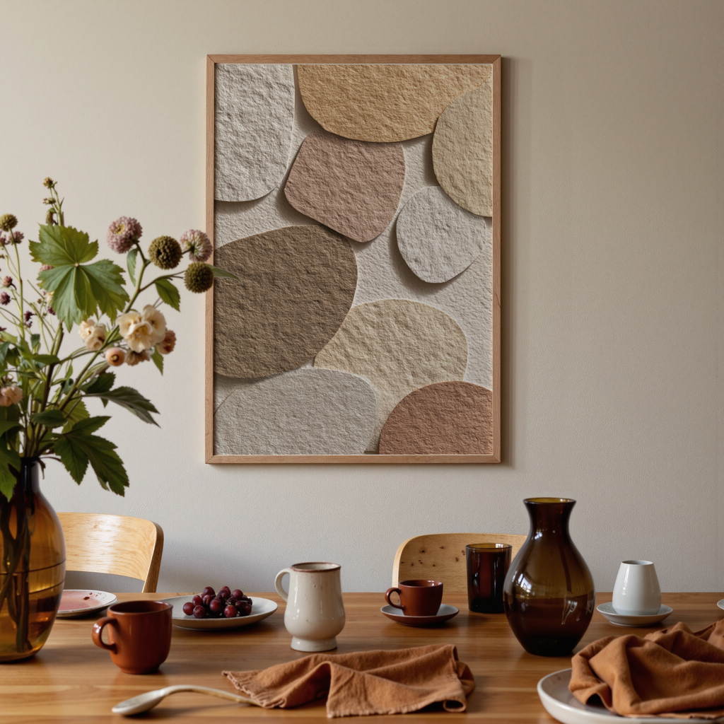 Dining room with a textured wall art piece, table setting, and flowers.