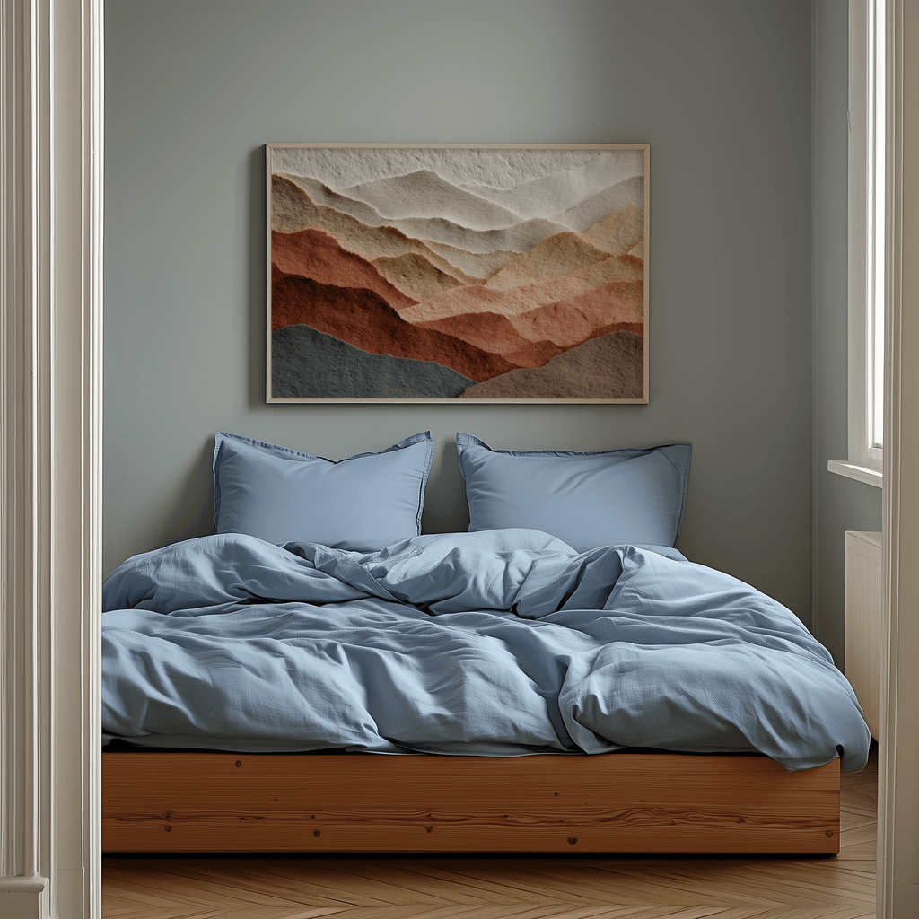 Bedroom with wooden bed, light blue bedding, and abstract wall art.