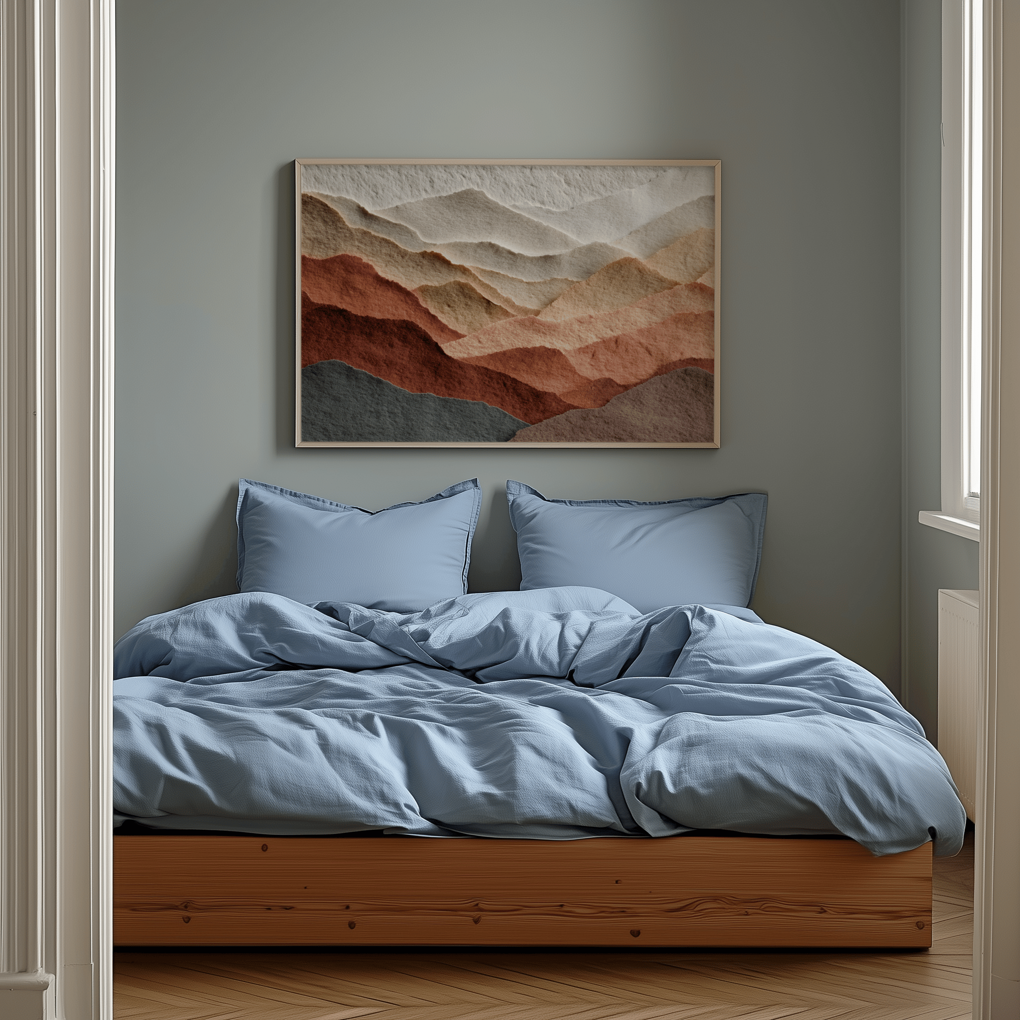 Bedroom with wooden bed, light blue bedding, and abstract wall art.