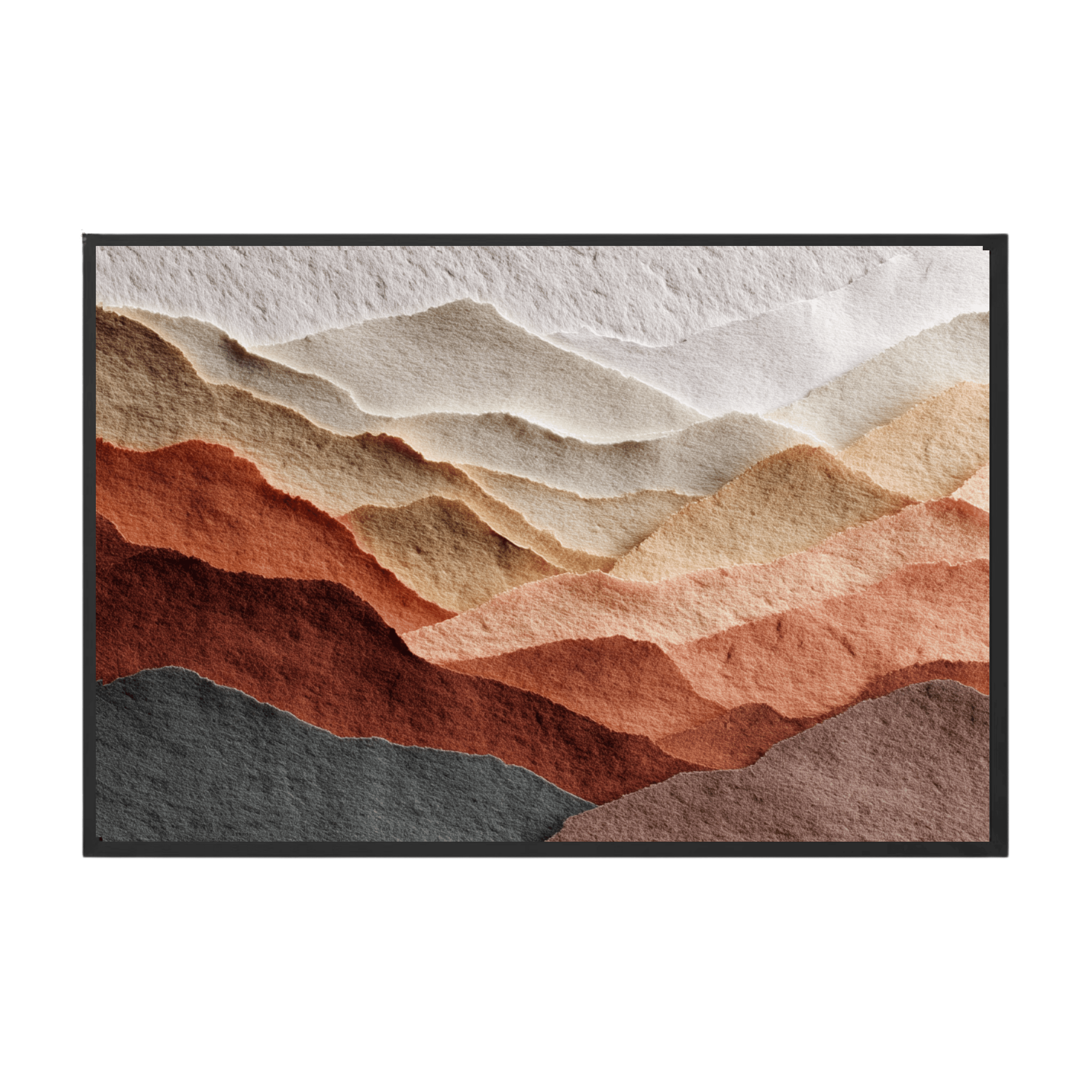 Framed artwork of layered mountain landscape with earthy tones on a white background