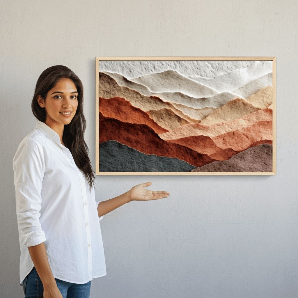 Woman standing next to a framed abstract art piece on a wall