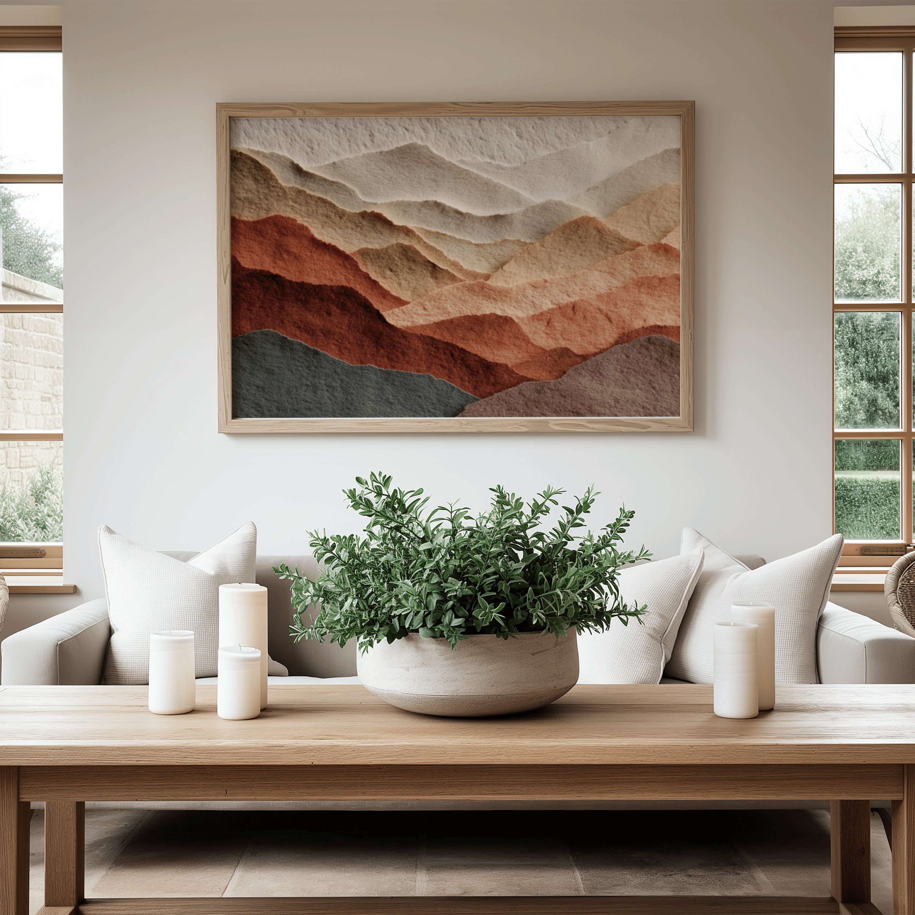 Living room with a wooden coffee table, potted plant, and framed mountain landscape art.