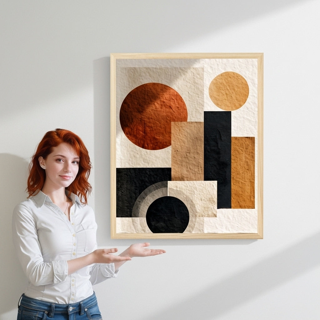 Woman standing next to a modern abstract art piece on a wall