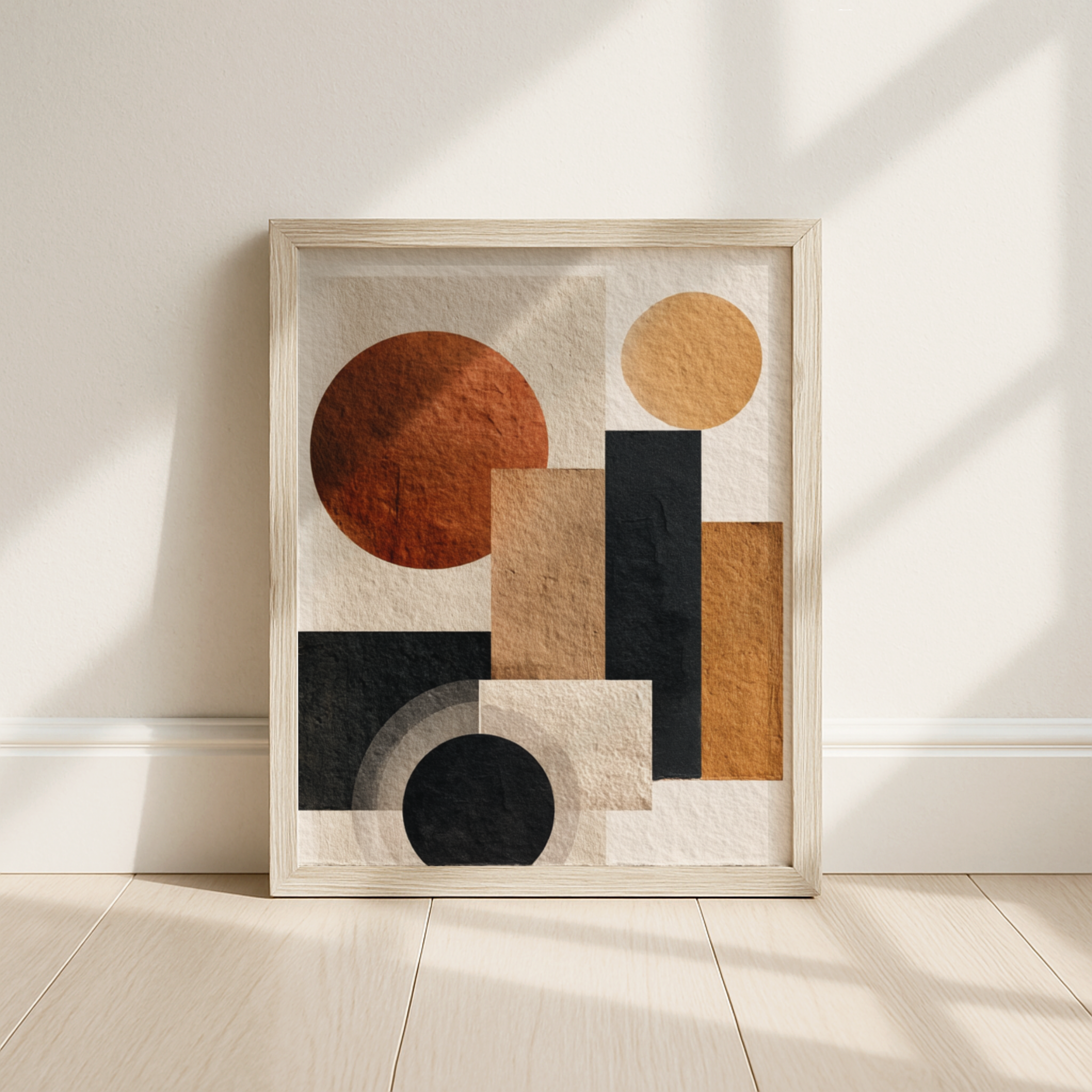 Framed abstract art piece with geometric shapes on a wall.