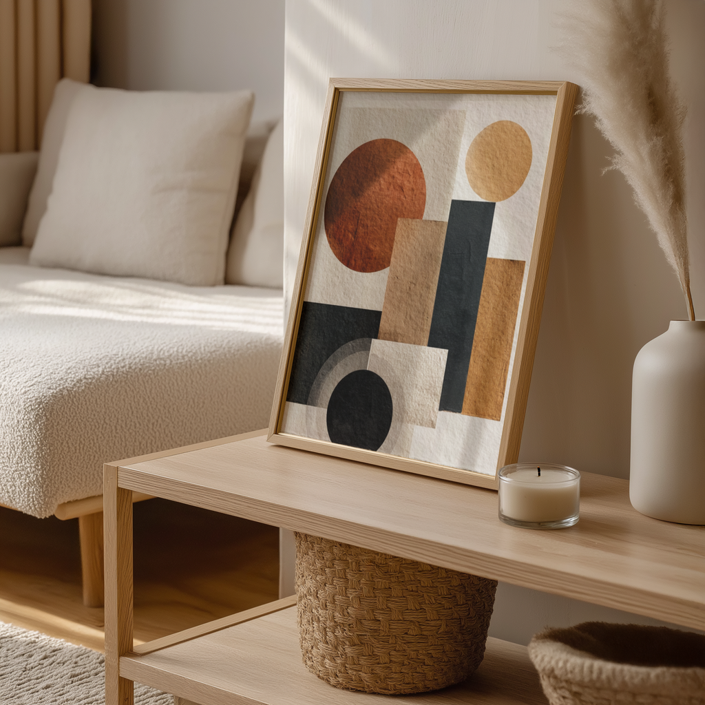 Abstract art piece on a wooden table in a living room setting
