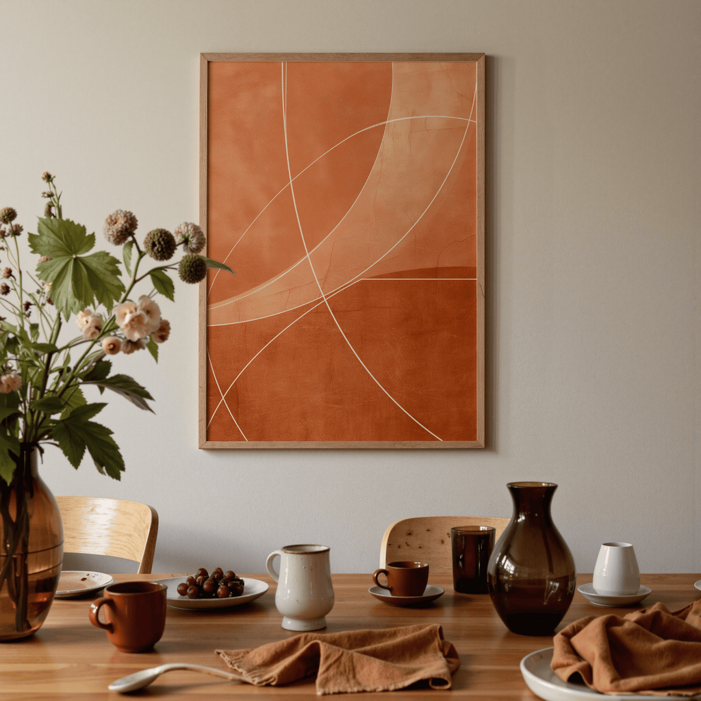 Dining room with a wooden table set for a meal, abstract art on the wall, and decorative elements.