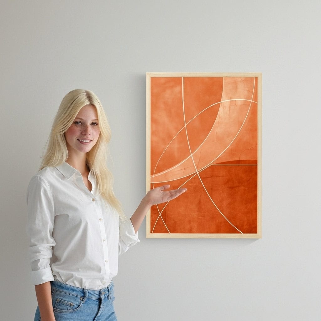 Woman standing next to an abstract orange painting on a wall