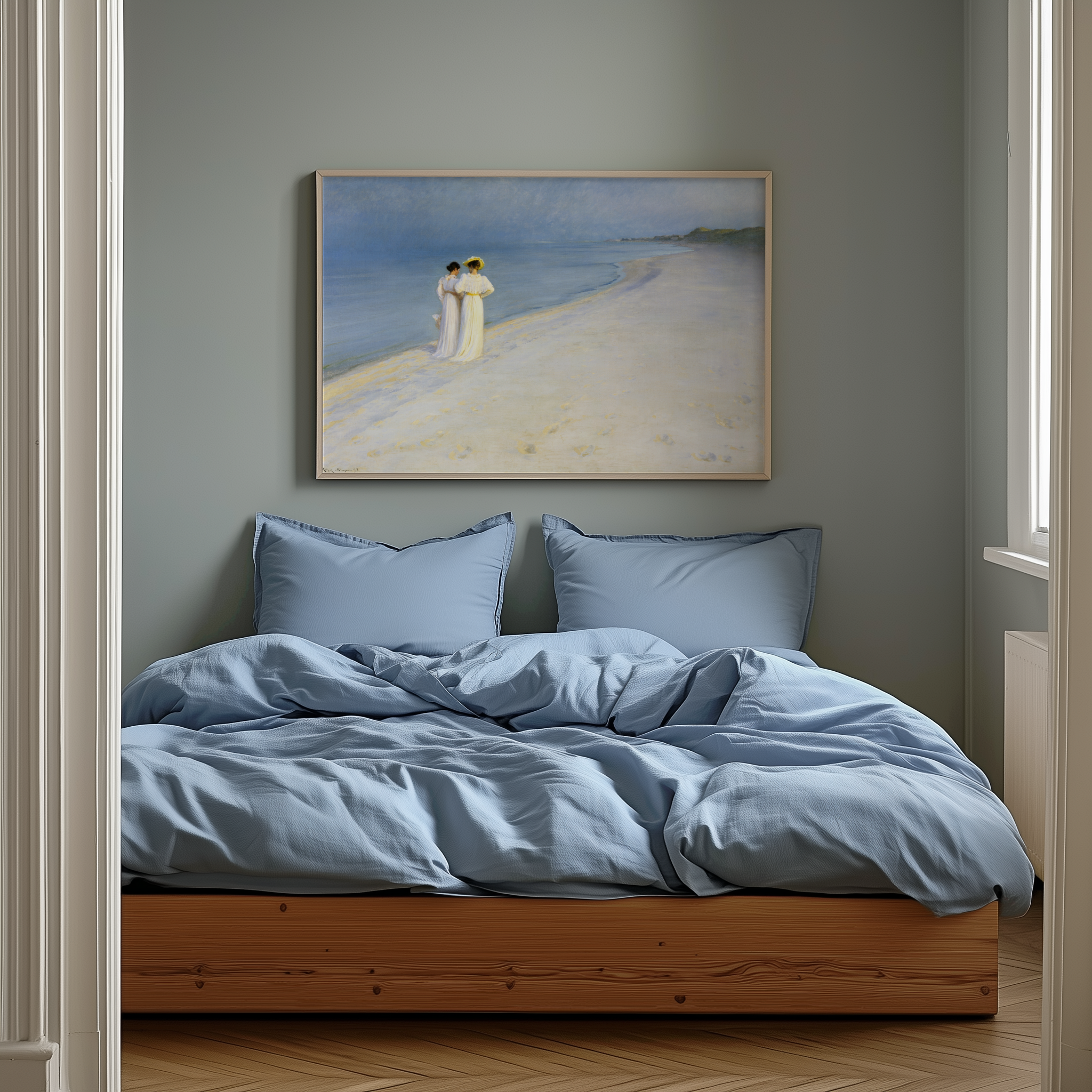 vintage beach art over bed