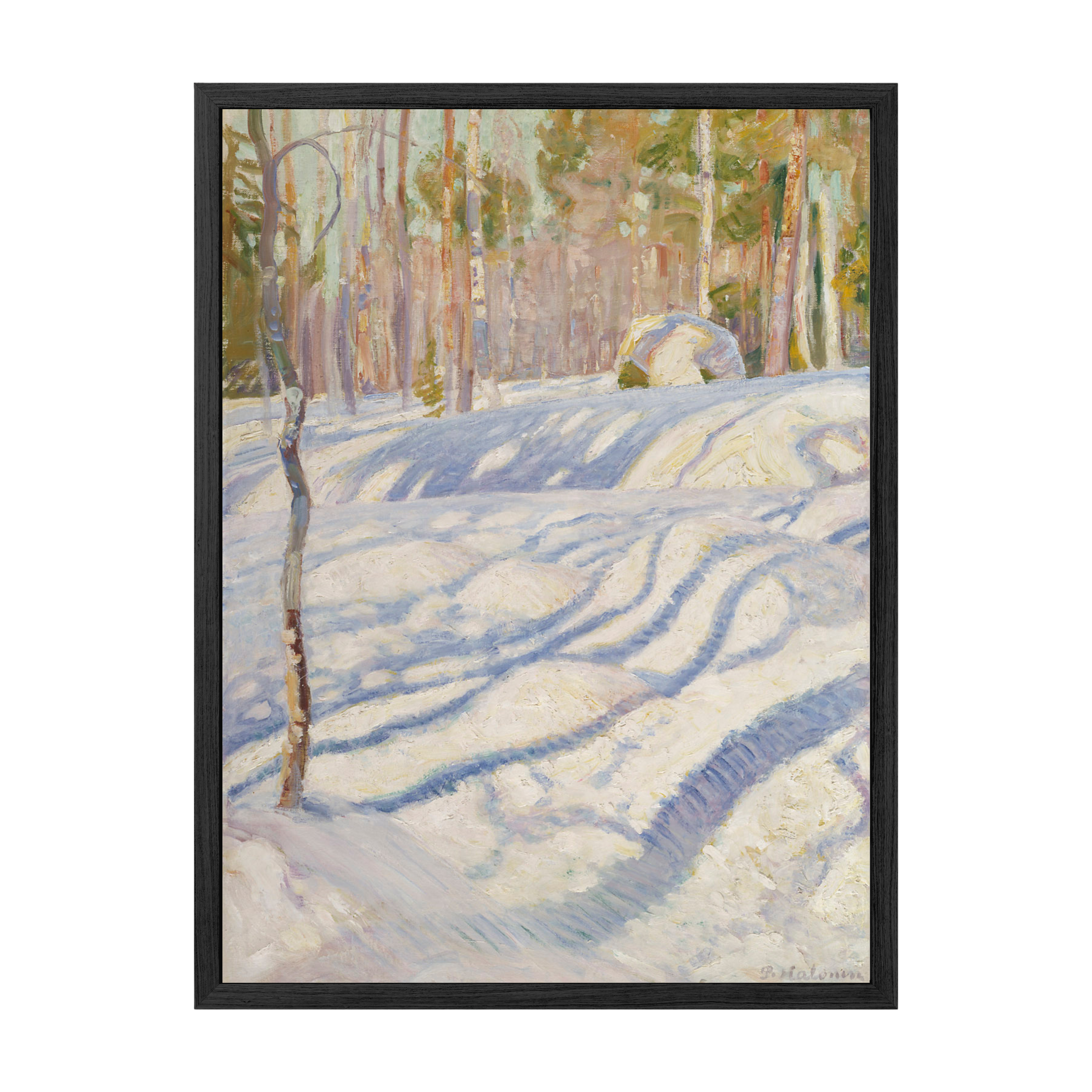 Framed artwork of a snowy landscape with trees