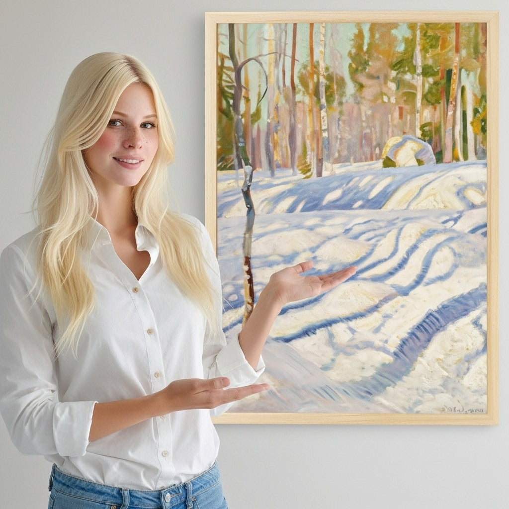 Woman standing next to a painting of a snowy landscape with trees.