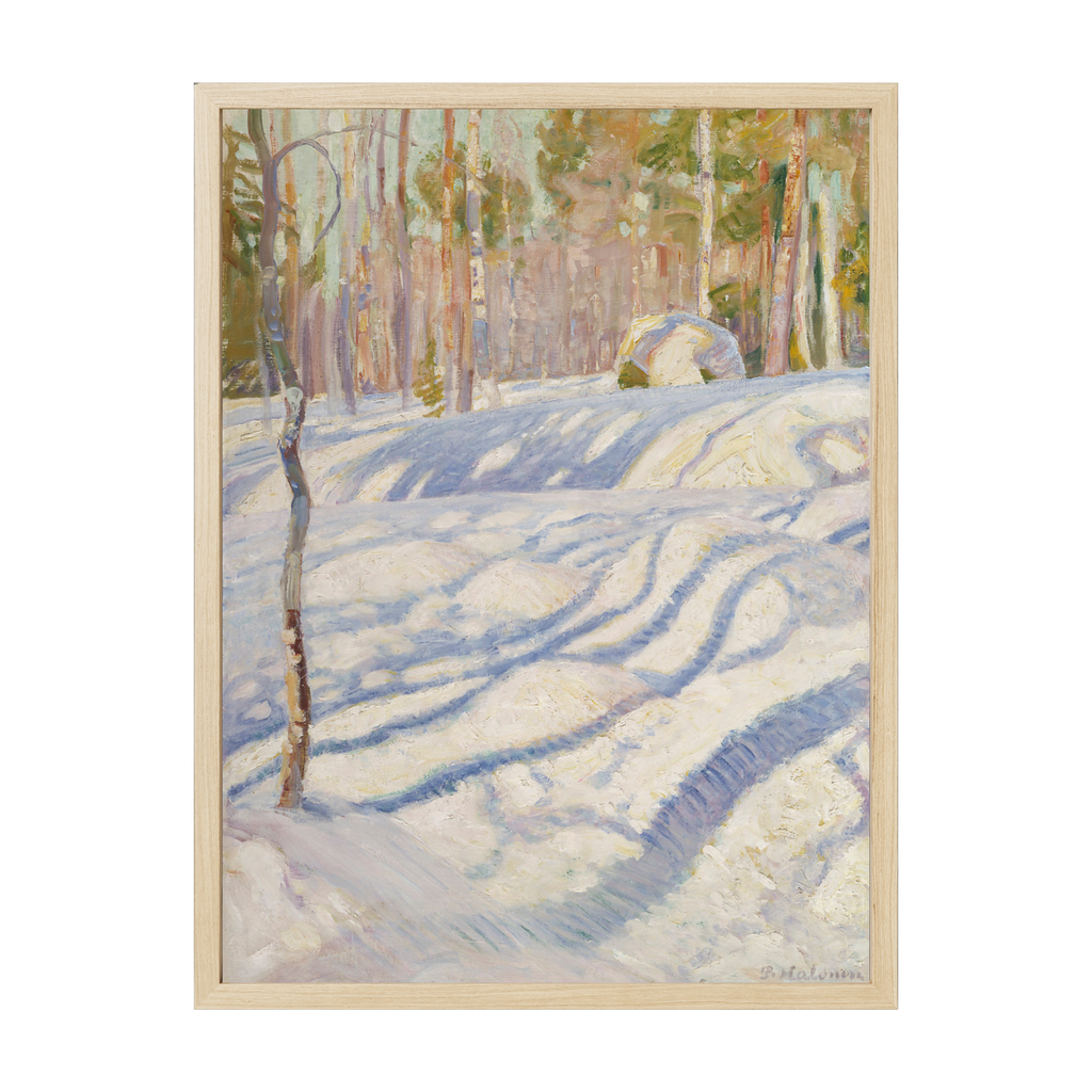 Vintage Scandinavian landscape art print of a sunlit winter scene, soft snow-covered terrain in warm Nordic light for calm minimalist décor.