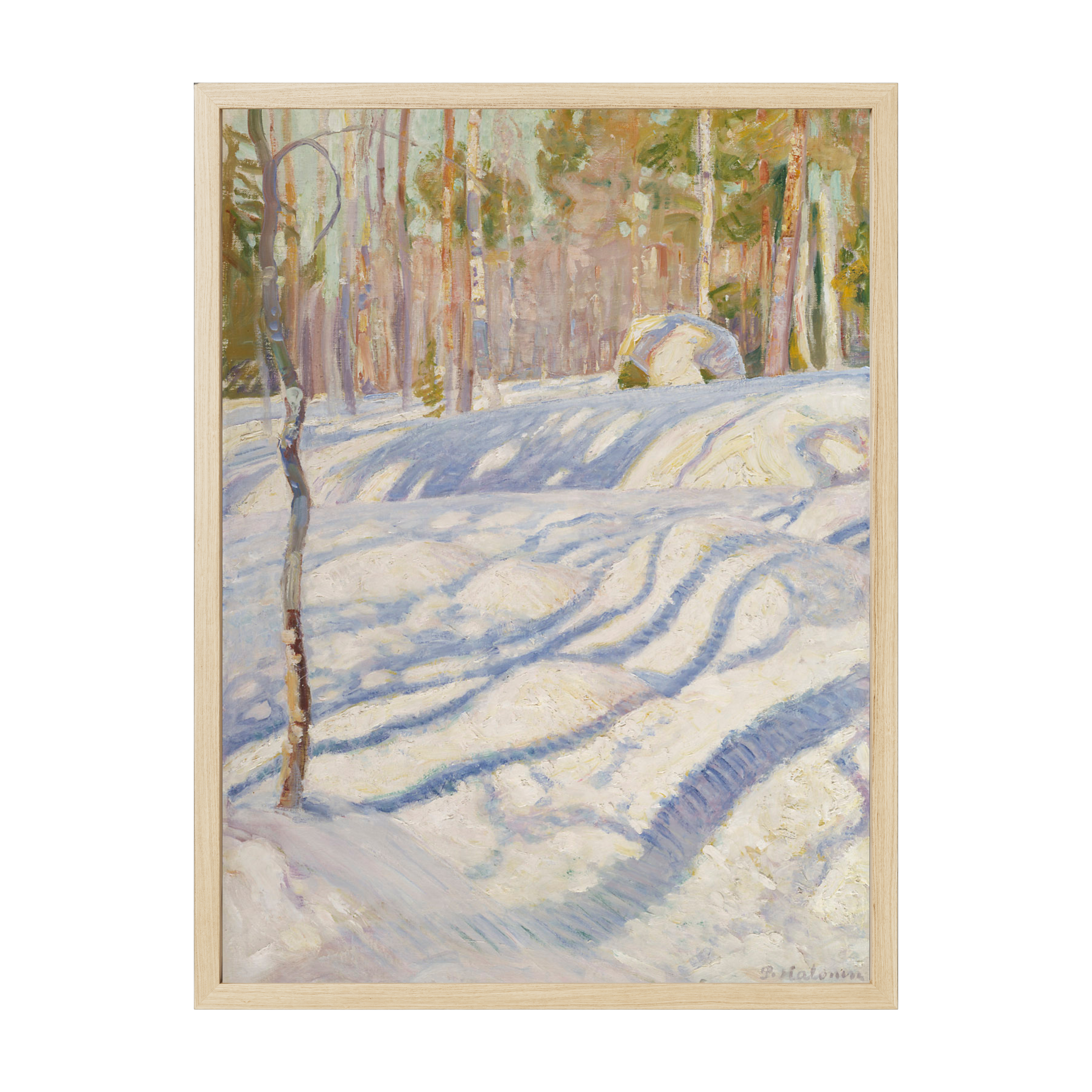 Vintage Scandinavian landscape art print of a sunlit winter scene, soft snow-covered terrain in warm Nordic light for calm minimalist décor.