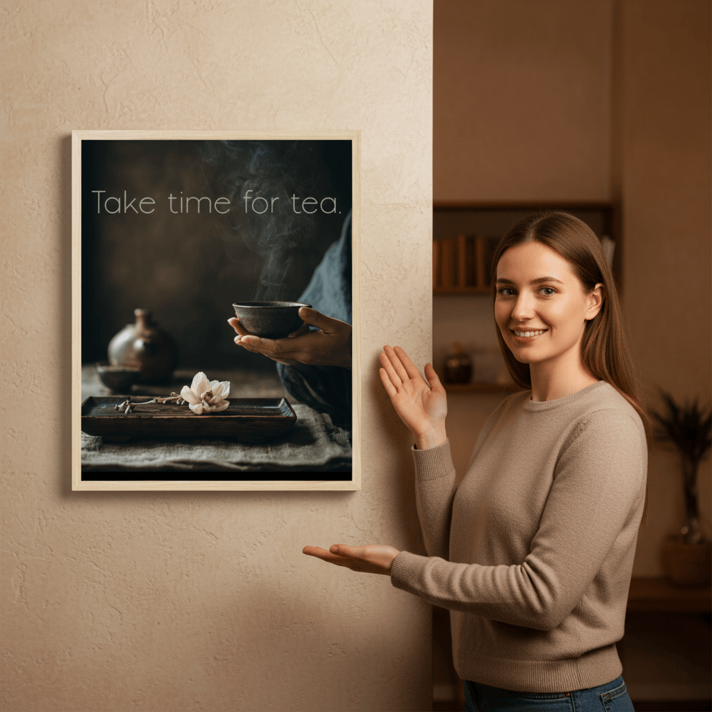Woman standing next to a framed picture of a tea-themed print on a wall.