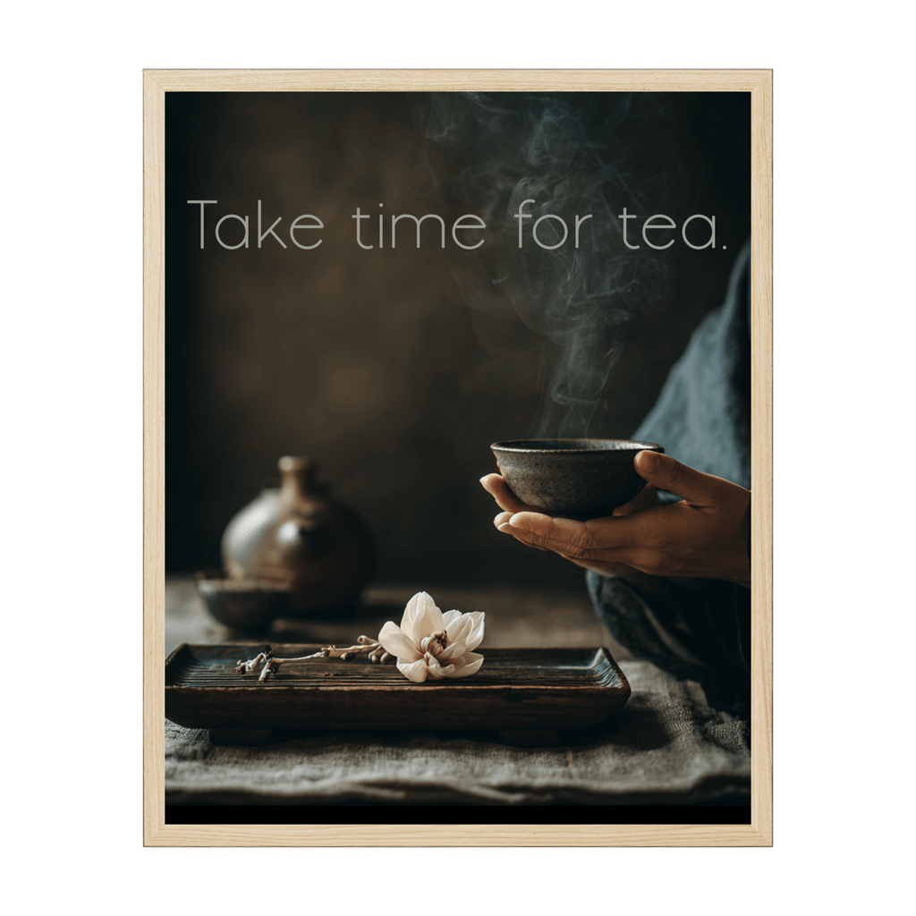 Japandi photography art print capturing a peaceful tea moment in warm neutral light, minimalist calming décor for tranquil living spaces.
