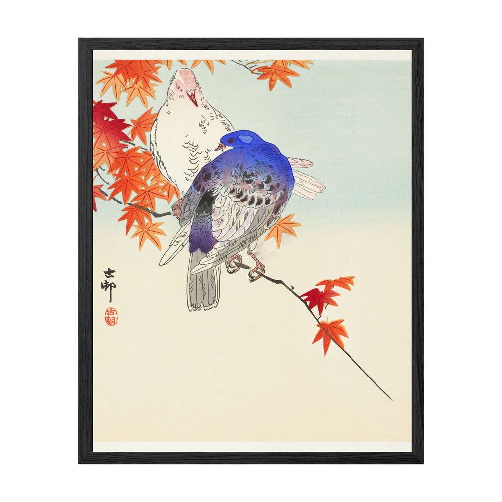 Framed artwork of two birds on a branch with autumn leaves