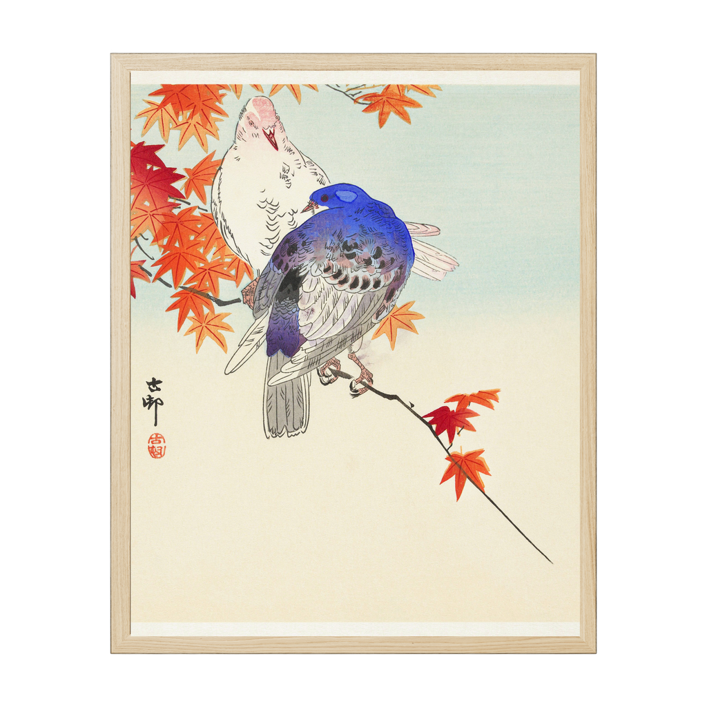 Vintage Japanese nature art print with two birds perched among delicate foliage, traditional serene wildlife artwork in soft natural tones.