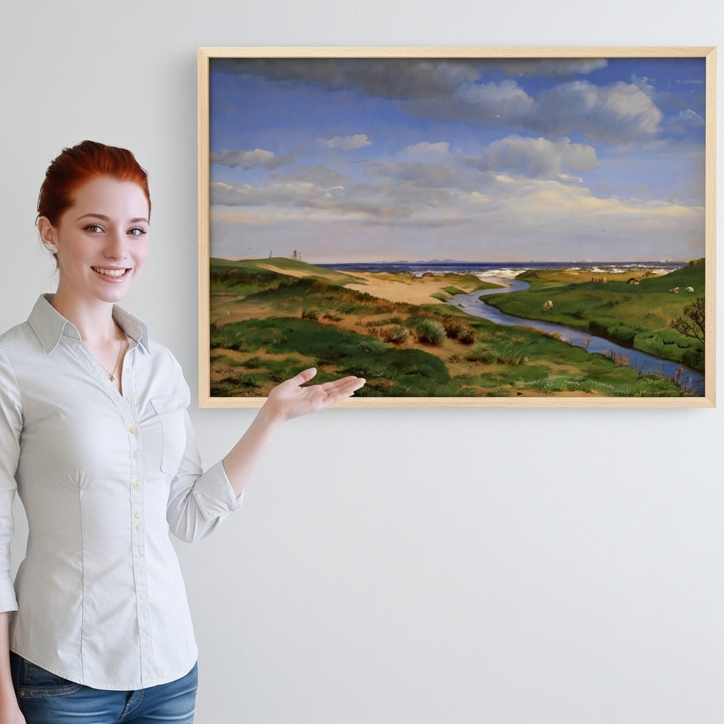 Woman with Landscape artwork on wall.