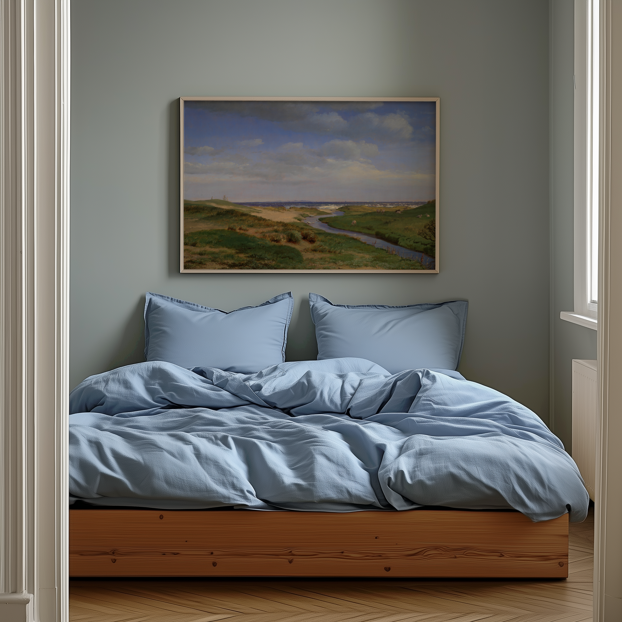 Landscape artwork over bed