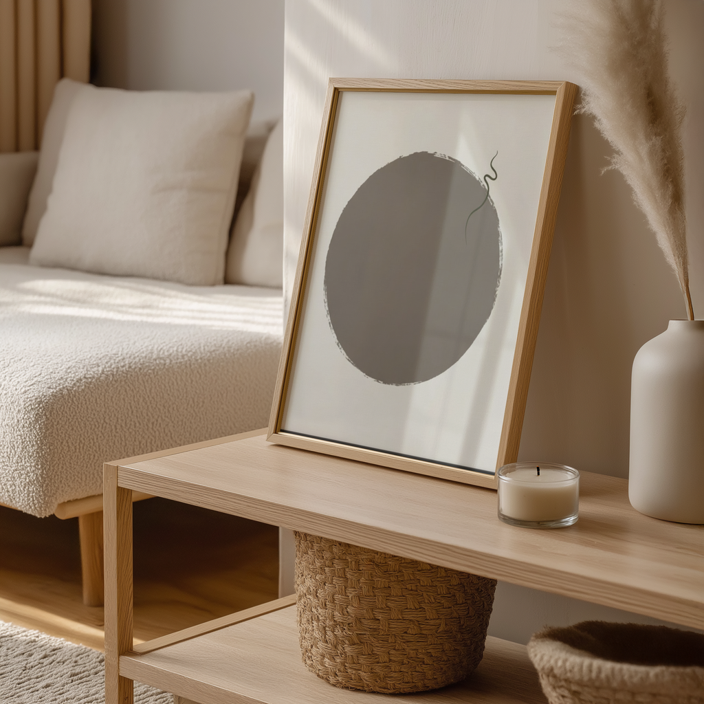 Framed artwork on a wooden coffee table with a candle and decorative items in a cozy living room.