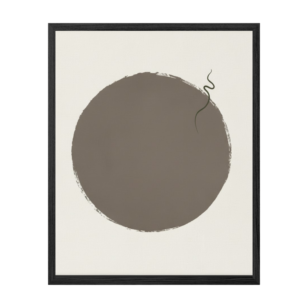 Framed abstract art print with a brown circle on a beige background