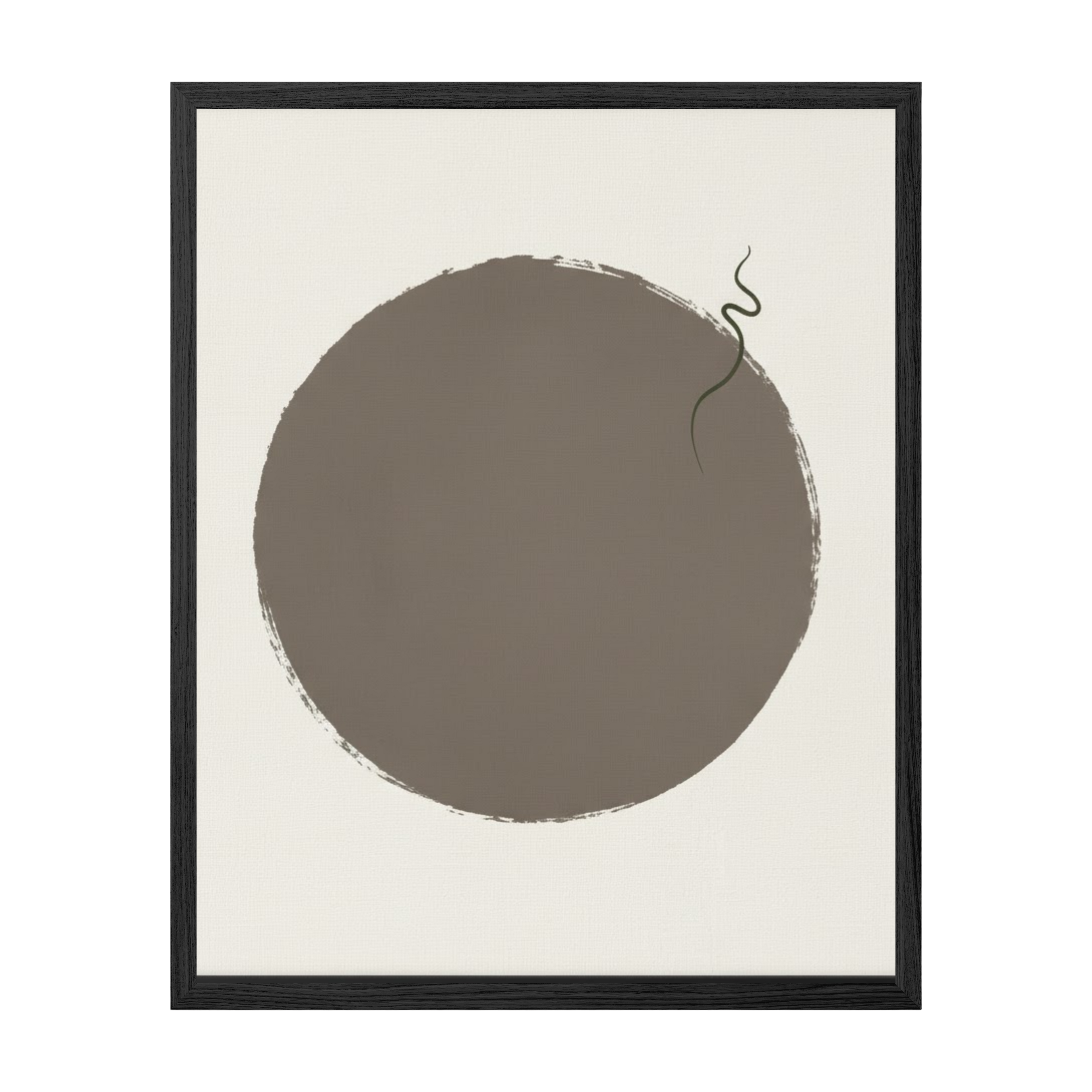Framed abstract art print with a brown circle on a beige background