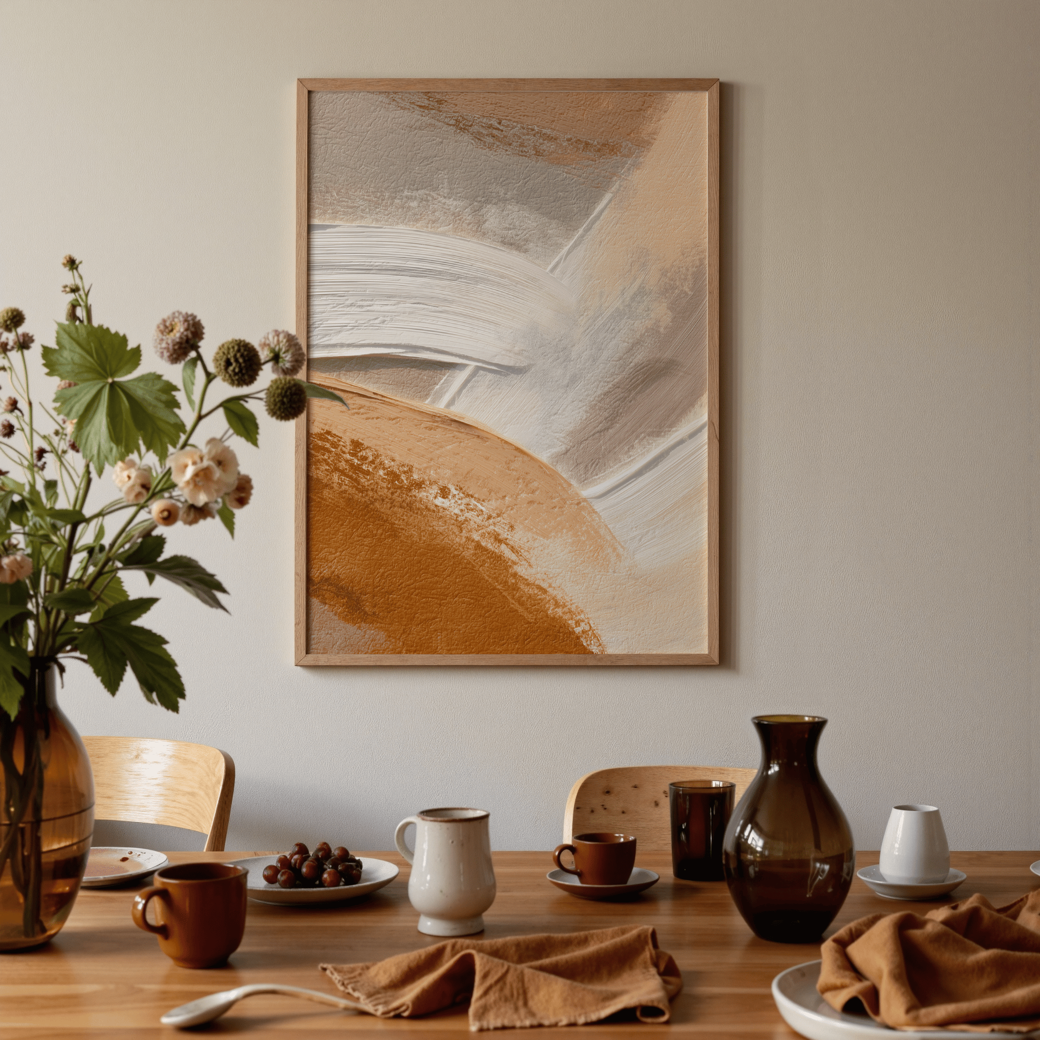 Dining room with a table set for a meal, abstract painting on the wall, and decorative elements.