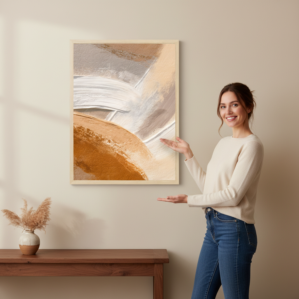Woman standing next to a framed abstract painting in a room with a wooden table and decorative vase.