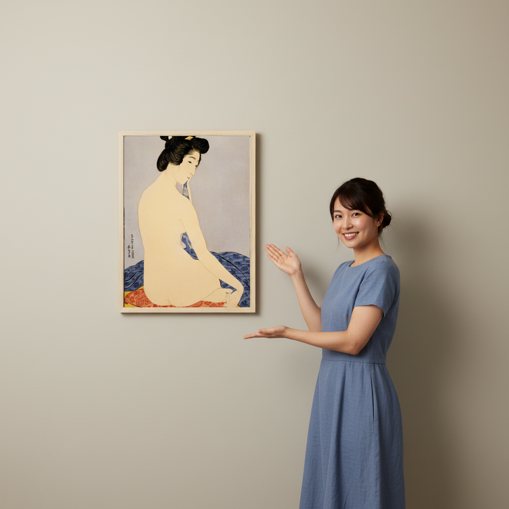 Woman in a blue dress standing next to a framed artwork on a beige wall