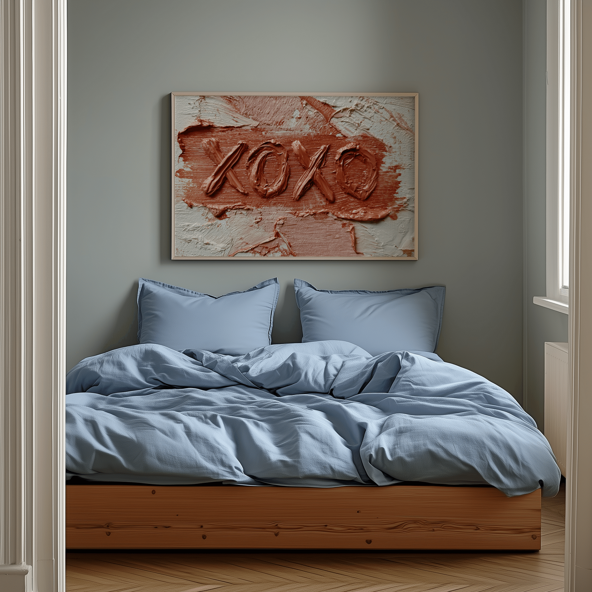 Bedroom with light blue bedding and a textured abstract painting on the wall.