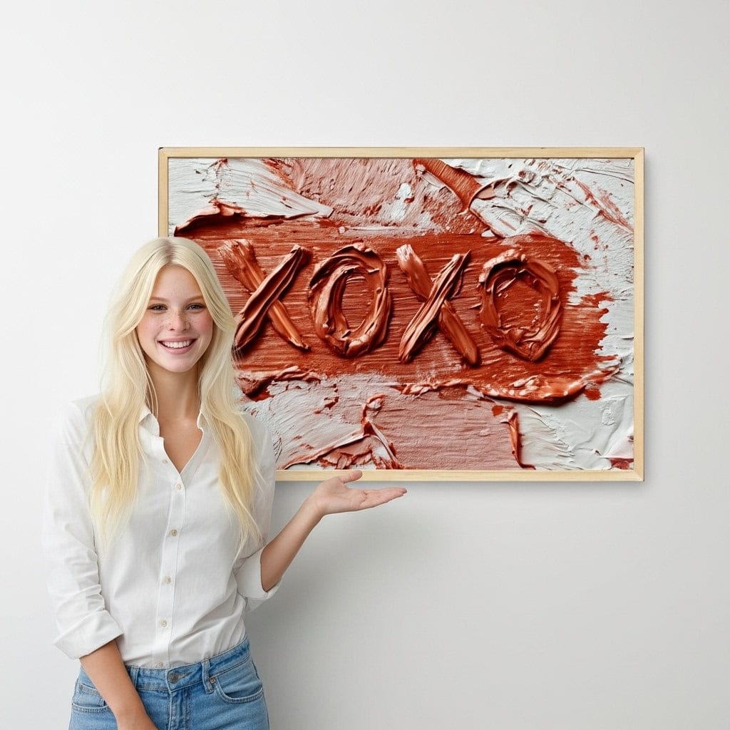 Young woman next to xoxo painting